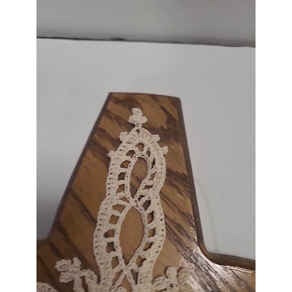 Wood Wall Cross Crucifix Oak Crochet 13" x 9" Hanging Decor Handmade Religious - Picture 6 of 13